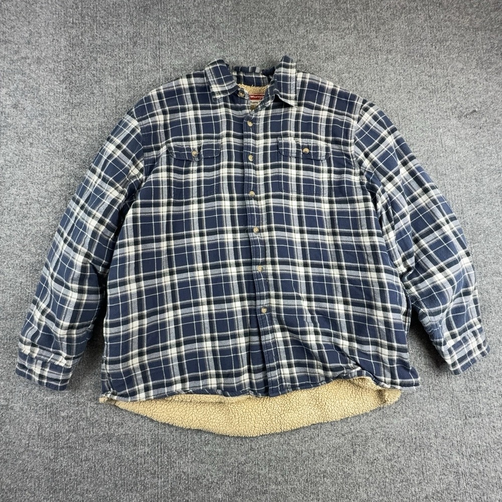 Wrangler Jacket Mens 2XL Blue Plaid Sherpa Lined Flannel Button Front Shacket